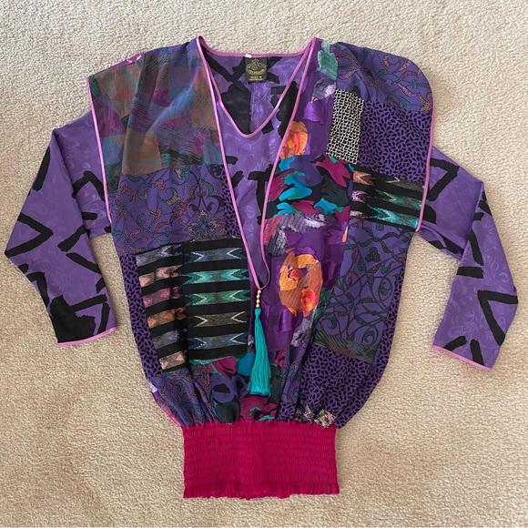 shepherds Tops - Vintage Shepherds Colorful Patchwork silk blend 70s 80s Made in Australia silky